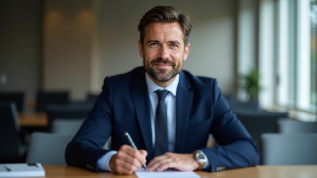 Man in business meeting, taking notes and listening to colleagues