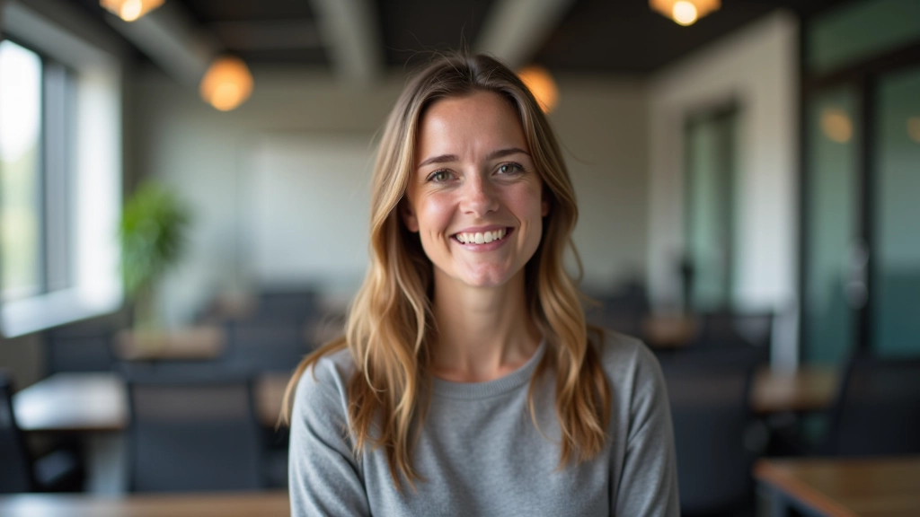 Professionele docent Engels, vrouw van 38 jaar, portret schoudershoek, vriendelijke uitstraling, moderne klaslokaal, helder licht