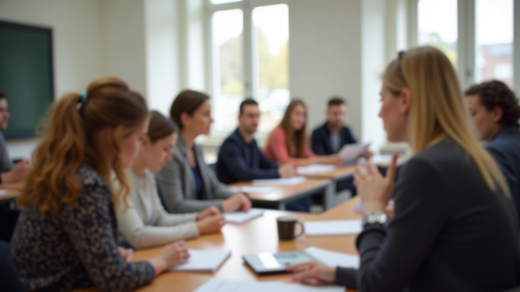 Modern klaslokaal met studenten die Engels leren, interactieve leeromgeving