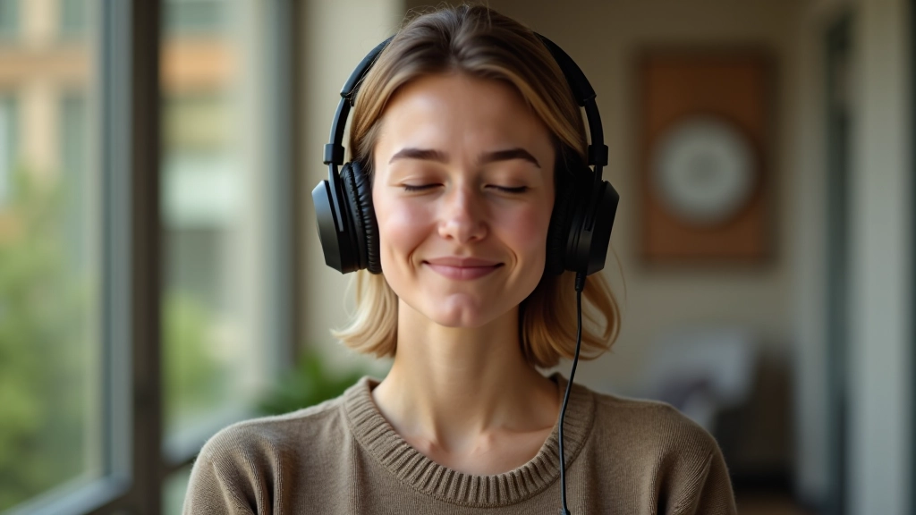 Persoon luistert naar een podcast op koptelefoon met gesloten ogen