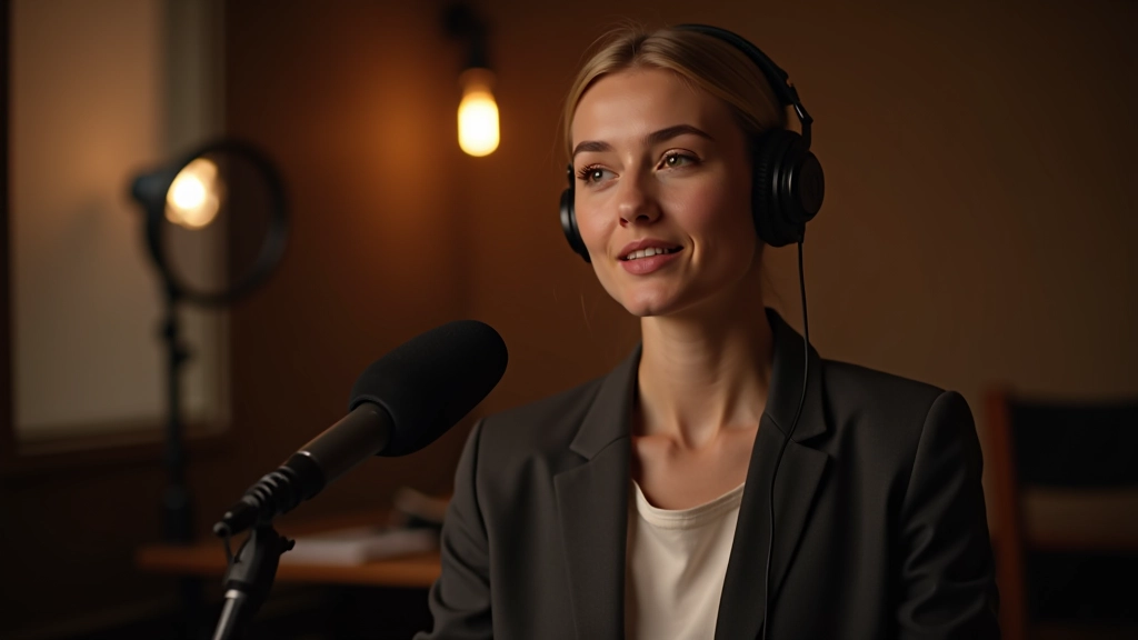 Vrouw die aan een microfoon spreekt in een heldere opnamestudio