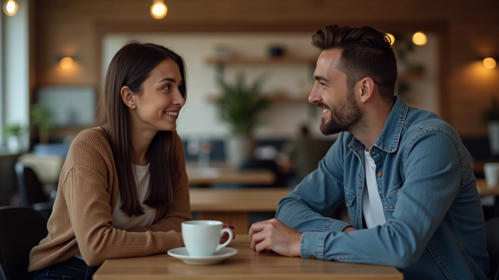 Twee mensen die Engels spreken en naar elkaar luisteren in een café