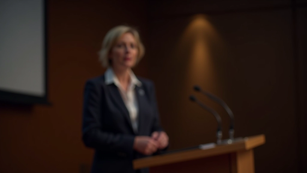 Woman presenting at business conference with slide projector